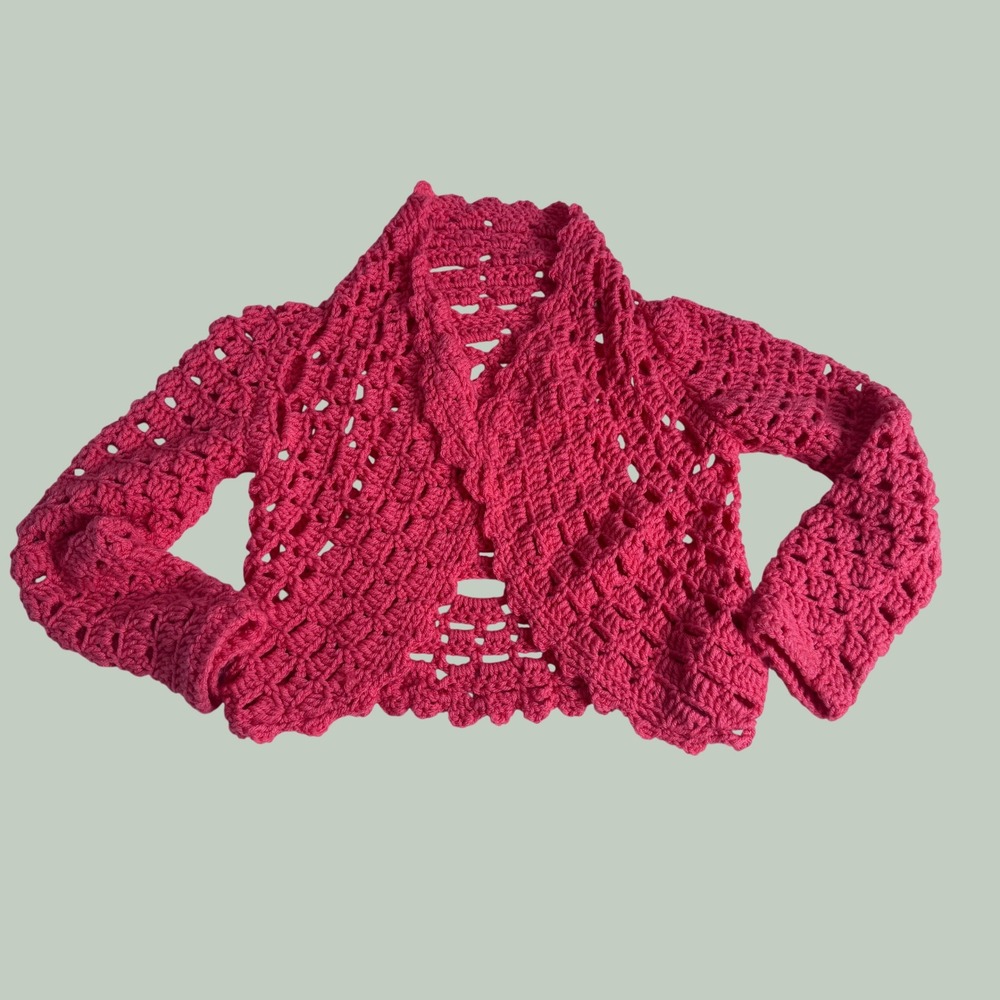 Cottagecore Handmade Pink Crochet Shrug Cardigan Mandala Back Cropped Boho Small